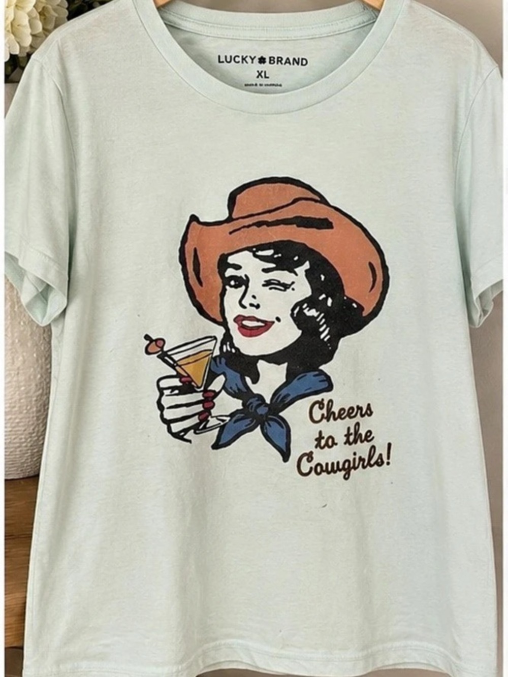 Lucky Brand Cheers to the Cowgirls Classic Crew Graphic Tee in Green Size XL